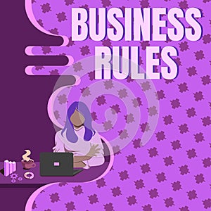 Writing displaying text Business Rules. Business idea a specific directive that constrains or defines a business Woman