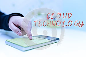 Writing displaying text Cloud Technologystoring and accessing data and programs over Internet. Word for storing and