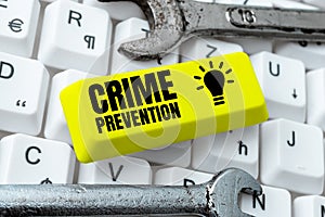 Writing displaying text Crime Prevention. Business approach Federal Offense actions Illegal Activities punishable by Law