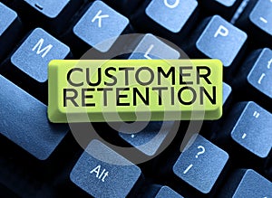 Writing displaying text Customer Retention. Word for activities companies take to reduce user defections