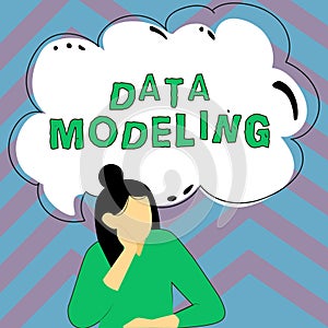 Writing displaying text Data Modeling. Business showcase process of transferring data between data storage systems