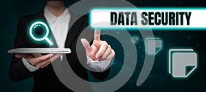 Writing displaying text Data Security. Business showcase Confidentiality Disk Encryption Backups Password Shielding