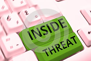 Writing displaying text Inside Threat. Business concept Information that only an insider would have Real information