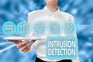 Writing displaying text Intrusion Detection. Business concept monitors a network or systems for malicious activity Lady