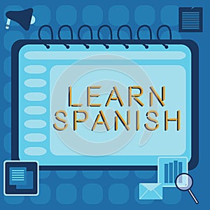 Writing displaying text Learn Spanish. Word for Translation Language in Spain Vocabulary Dialect Speech