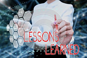 Writing displaying text Lessons Learned. Business concept information reflects positive and negative experiences Lady In