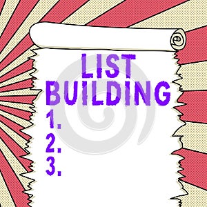 Writing displaying text List Building. Business overview database of people you can contact with your marketing message