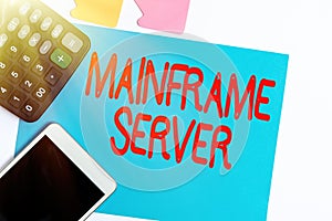 Writing displaying text Mainframe Server. Business showcase designed for processing large amounts of information Display