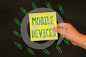 Writing displaying text Mobile Devices. Business idea A portable computing device like smartphone tablet computer