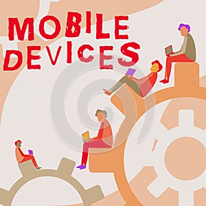 Writing displaying text Mobile Devices. Business showcase A portable computing device like smartphone tablet computer