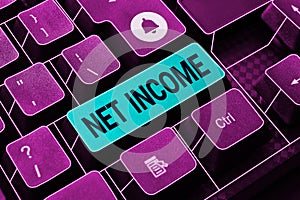 Writing displaying text Net Income. Business overview the gross income remaining after all deductions and exemptions are