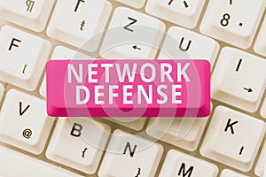 Writing displaying text Network Defense. Business showcase easures to protect and defend information from disruption