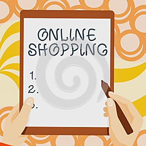 Writing displaying text Online Shopping. Business idea ecommerce which let the consumer buy goods using the Internet