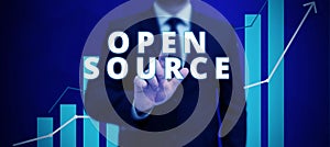 Writing displaying text Open Source. Business approach denoting software which original source code freely available