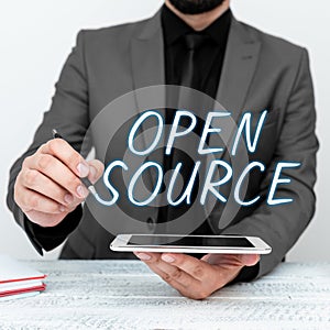 Writing displaying text Open Source. Conceptual photo denoting software which original source code freely available