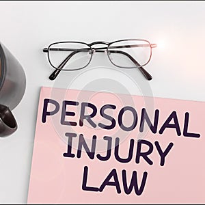 Writing displaying text Personal Injury Law. Business concept being hurt or injured inside work environment