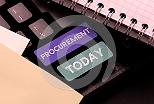 Writing displaying text Procurement. Word for Procuring Purchase of equipment and supplies