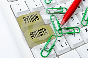 Writing displaying text Python Developer. Word Written on responsible for writing serverside web application logic