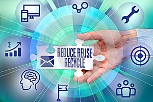 Writing displaying text Reduce Reuse Recycle. Conceptual photo environmentallyresponsible consumer behavior Hand Holding