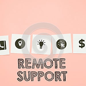 Writing displaying text Remote Support. Conceptual photo help end-users to solve computer problems and issues remotely