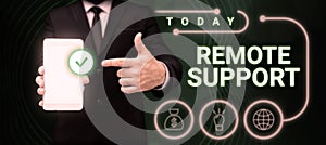 Text caption presenting Remote Support. Word for help end-users to solve computer problems and issues remotely