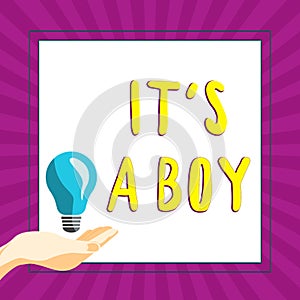 Writing displaying text It's A Boy. Business approach Expecting a male baby cute blue colors a lot of car toys