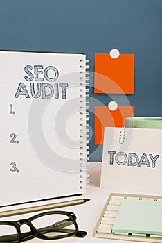 Writing displaying text Seo Audit. Business overview Search Engine Optimization validating and verifying process