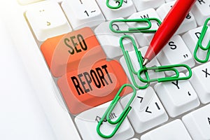 Writing displaying text Seo Report. Internet Concept notifying on how website is performing in search engine results