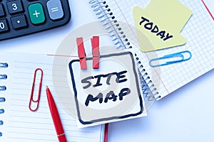 Writing displaying text Site Map. Internet Concept designed to help both users and search engines navigate the site