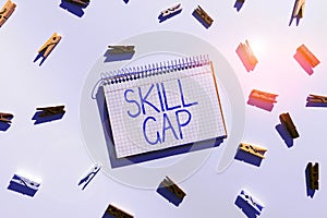 Writing displaying text Skill Gap. Business overview Refering to a person's weakness or limitation of knowlege