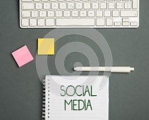 Writing displaying text Social Media. Word Written on websites and applications enable users create and share content