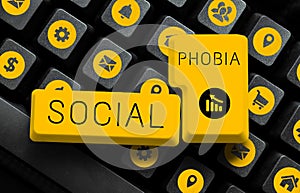 Writing displaying text Social Phobia. Concept meaning overwhelming fear of social situations that are distressing