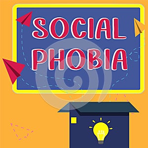 Writing displaying text Social Phobia. Word for overwhelming fear of social situations that are distressing