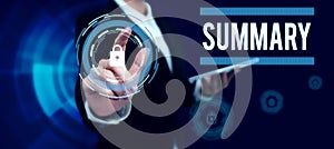 Text showing inspiration Summary. Business overview Brief Statement Abstract Synopsis Concise Abbreviated version