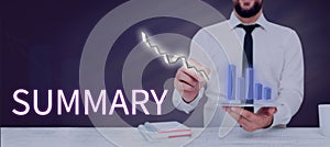 Writing displaying text Summary. Concept meaning Brief Statement Abstract Synopsis Concise Abbreviated version