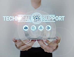 Writing displaying text Technical Support. Business idea Repair and advice services to users of their products Lady In