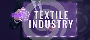 Writing displaying text Textile Industry. Business idea production and distribution of yarn cloth and clothing photo