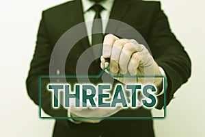 Writing displaying text Threats. Word for Statement of an intention to inflict pain hostile action on someone Presenting