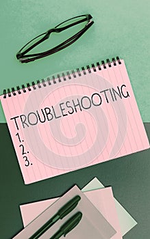 Writing displaying text Troubleshooting. Concept meaning an act of investigating or dealing with in the problems occured
