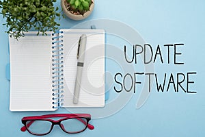 Writing displaying text Update Software. Concept meaning replacing program with a newer version of same product Flashy