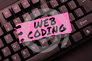 Text caption presenting Web Coding. Conceptual photo work involved in developing a web site for the Internet