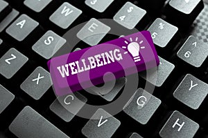 Writing displaying text Wellbeing. Concept meaning A good or satisfactory condition of existence including health -48934