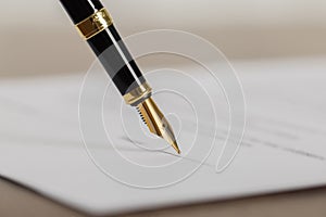 Writing on document with fountain pen at wooden table, closeup. Notary contract