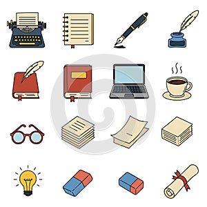 Writing, Education, and Creative Process Flat Icons Set