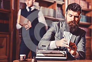 Writing and fees concept. Man in oldfashioned suit holds money. photo