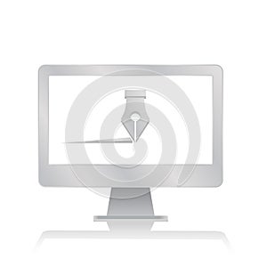 Writing fountain pen inside blank screen computer monitor with reflection minimalist modern icon vector illustration