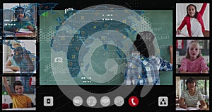 Writing instructor adding to chalkboard overlaid with map in online class with data icons and pens