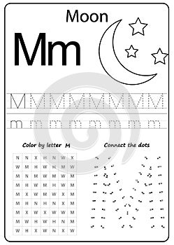 Writing letter M. Worksheet. Writing A-Z, alphabet, exercises game for kids.