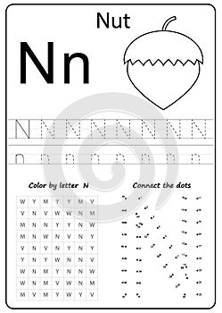 Writing letter N. Worksheet. Writing A-Z, alphabet, exercises game for kids.