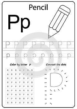 Writing letter P. Worksheet. Writing A-Z, alphabet, exercises game for kids.